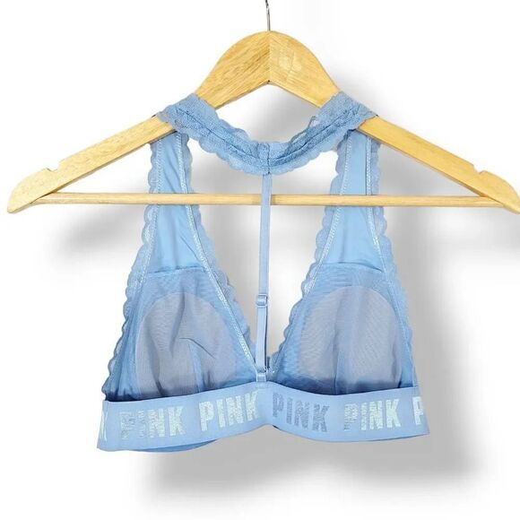 Victoria's Secret Pink Lace T-Strap Logo Bralette in Baby Blue Size Small - Picture 2 of 11